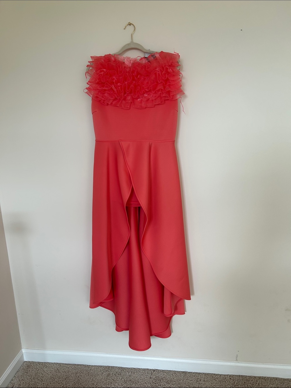 Sleeveless Coral Ruffle High-Low Evening dress with pants.